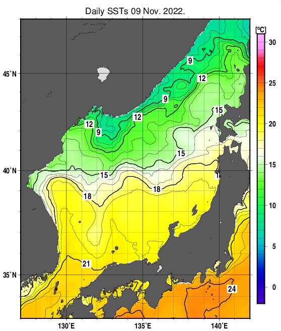 日本海の海面水温分布図（11月9日）