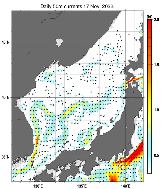 日本海の深さ50mの海流分布図（11月17日）