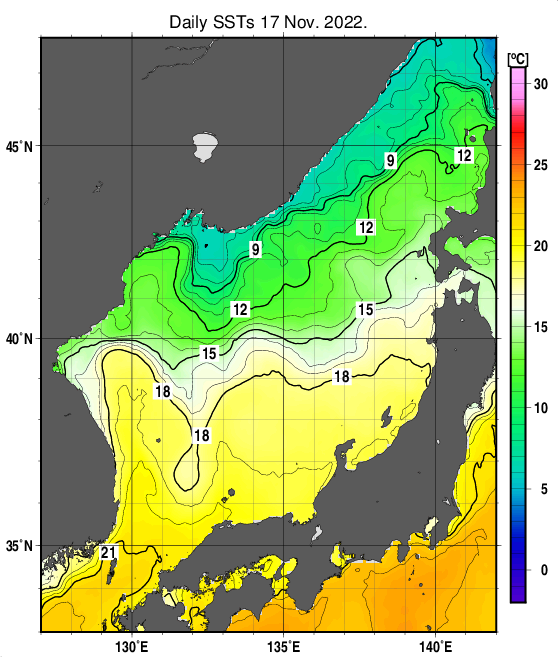 日本海の海面水温分布図（11月17日）