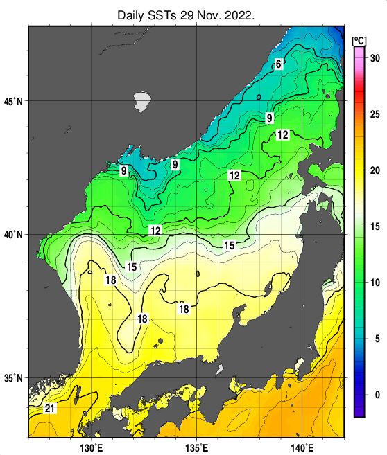 日本海の海面水温分布図（11月29日）