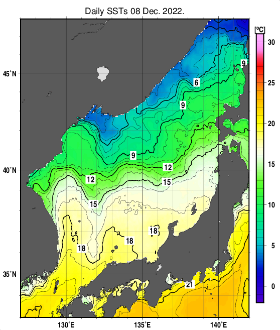 日本海の海面水温分布図（12月8日）