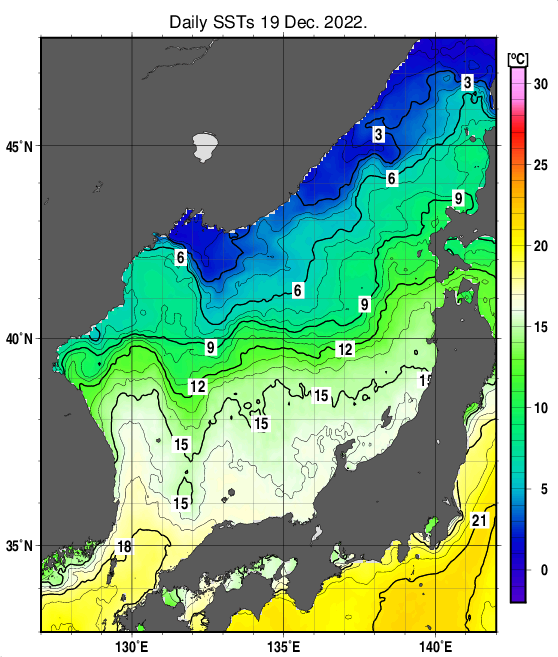 日本海の海面水温分布図（12月19日）