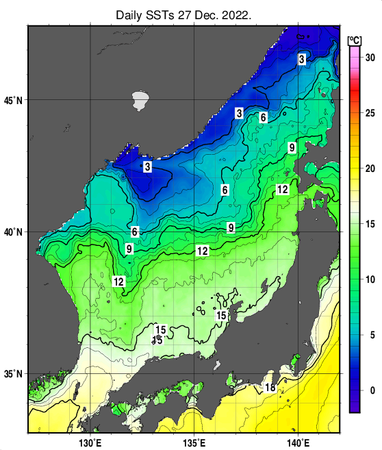 日本海の海面水温分布図（12月27日）