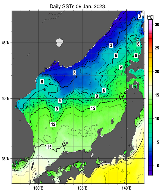 日本海の海面水温分布図（1月9日）