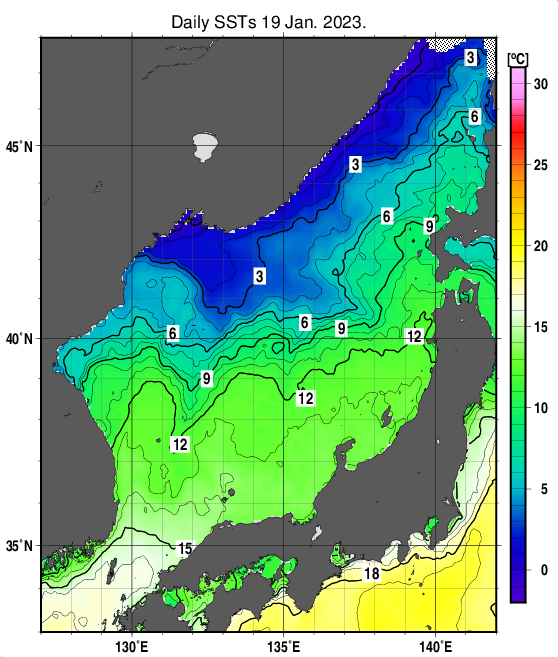 日本海の海面水温分布図（1月19日）