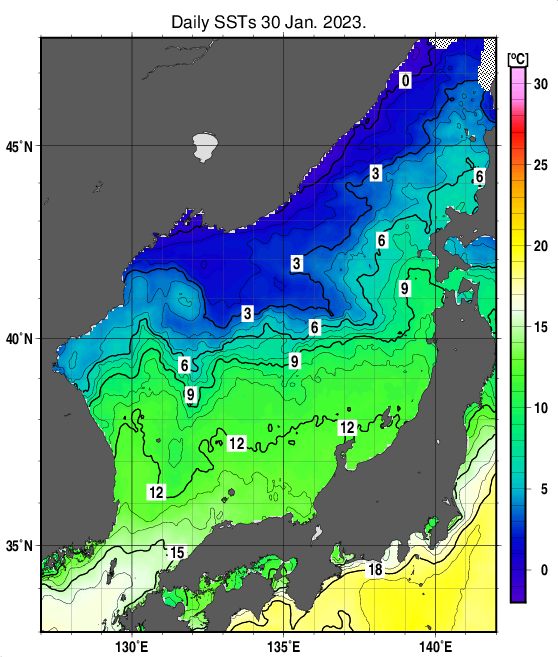 日本海の海面水温分布図（1月30日）