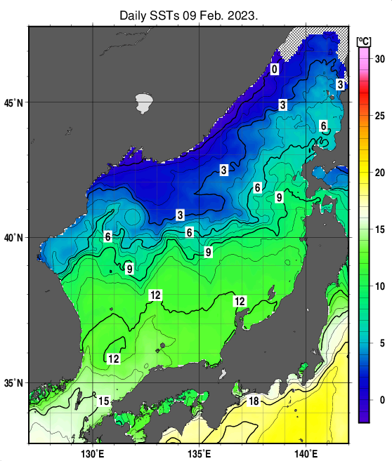 日本海の海面水温分布図（2月9日）