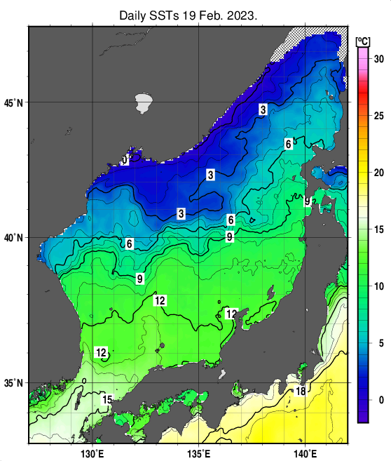 日本海の海面水温分布図（2月19日）