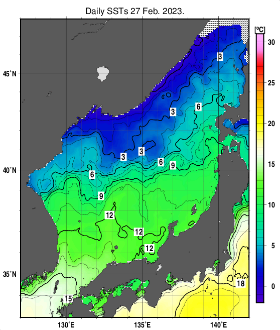 日本海の海面水温分布図（2月27日）