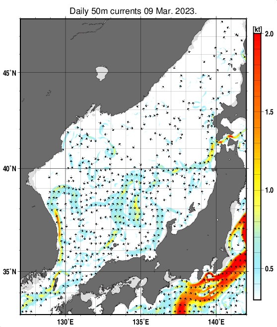 日本海の深さ50mの海流分布図（3月9日）