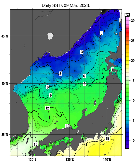 日本海の海面水温分布図（3月9日）