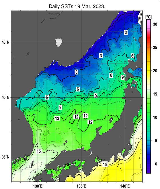 日本海の海面水温分布図（3月19日）