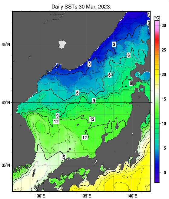 日本海の海面水温分布図（3月30日）