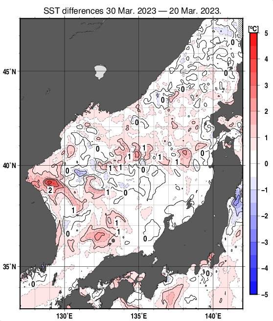 日本海の10日間の海面水温変化量分布図（3月30日）