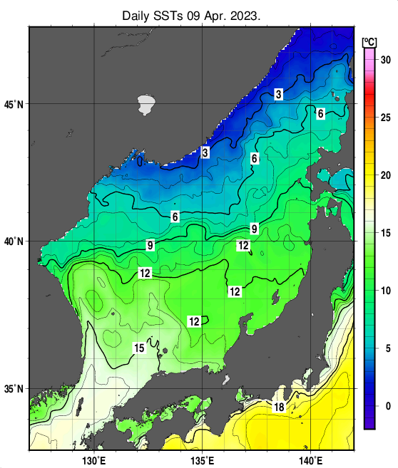 日本海の海面水温分布図（4月9日）