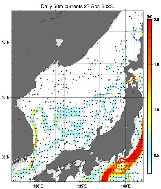 日本海の深さ50mの海流分布図（4月27日）