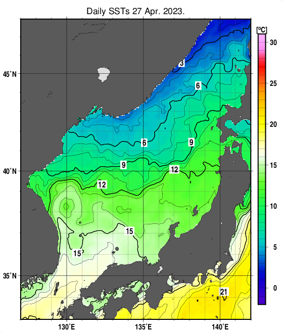 日本海の海面水温分布図（4月27日）