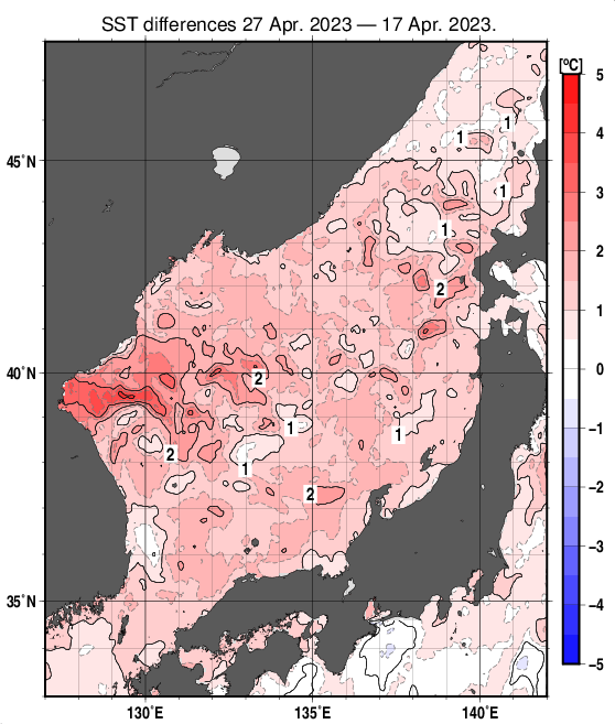 日本海の10日間の海面水温変化量分布図（4月27日）