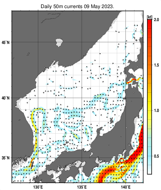 日本海の深さ50mの海流分布図（5月9日）