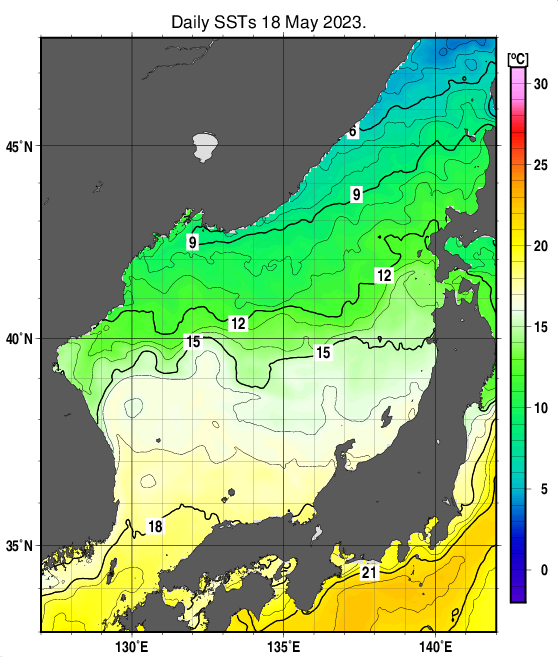 日本海の海面水温分布図（5月18日）