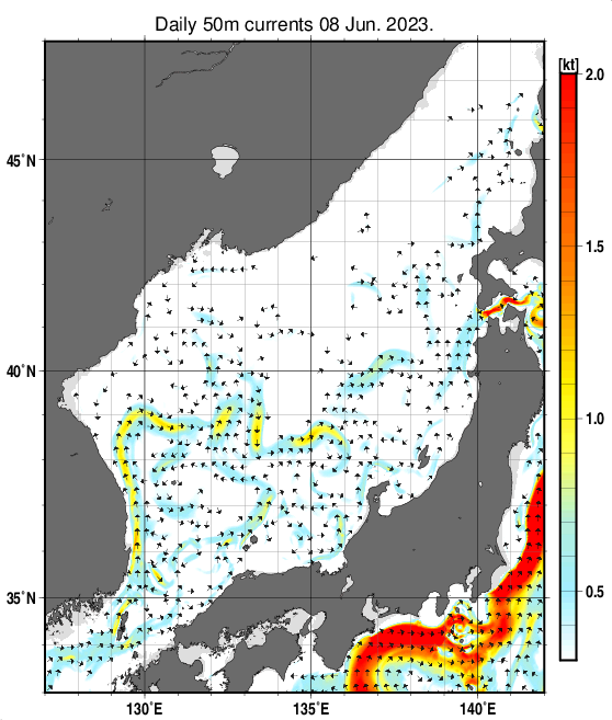 日本海の深さ50mの海流分布図（6月8日）