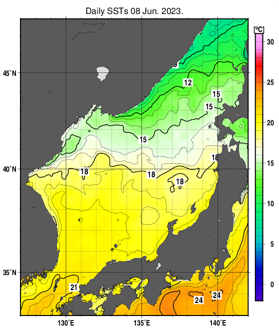 日本海の海面水温分布図（6月8日）