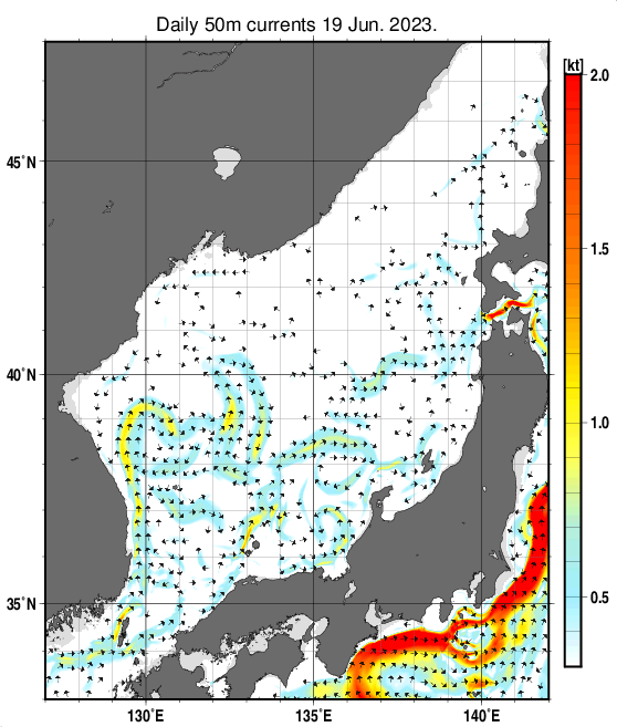 日本海の深さ50mの海流分布図（6月19日）