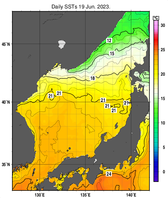 日本海の海面水温分布図（6月19日）