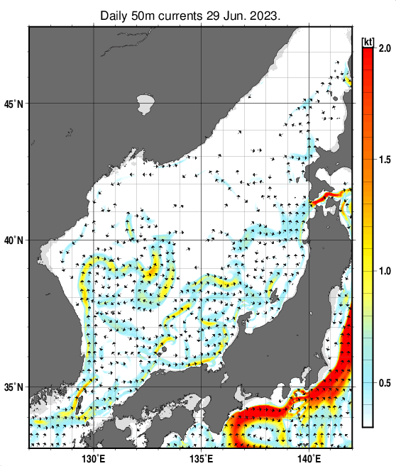 日本海の深さ50mの海流分布図（6月29日）