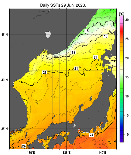 日本海の海面水温分布図（6月29日）