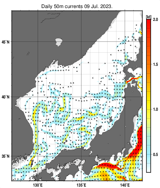 日本海の深さ50mの海流分布図（7月9日）