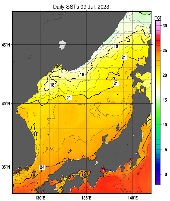 日本海の海面水温分布図（7月9日）