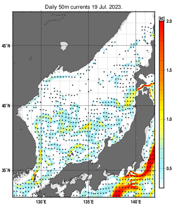 日本海の深さ50mの海流分布図（7月19日）