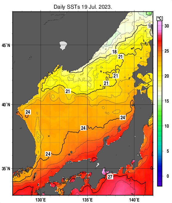 日本海の海面水温分布図（7月19日）