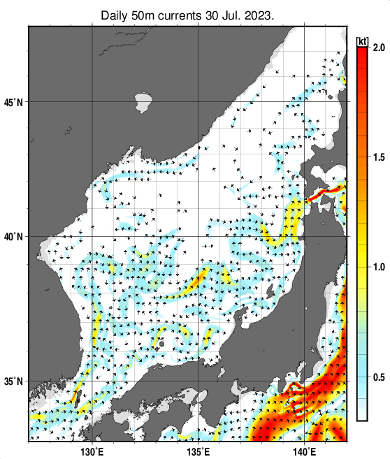 日本海の深さ50mの海流分布図（7月30日）