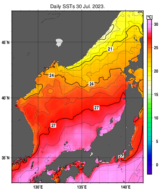 日本海の海面水温分布図（7月30日）