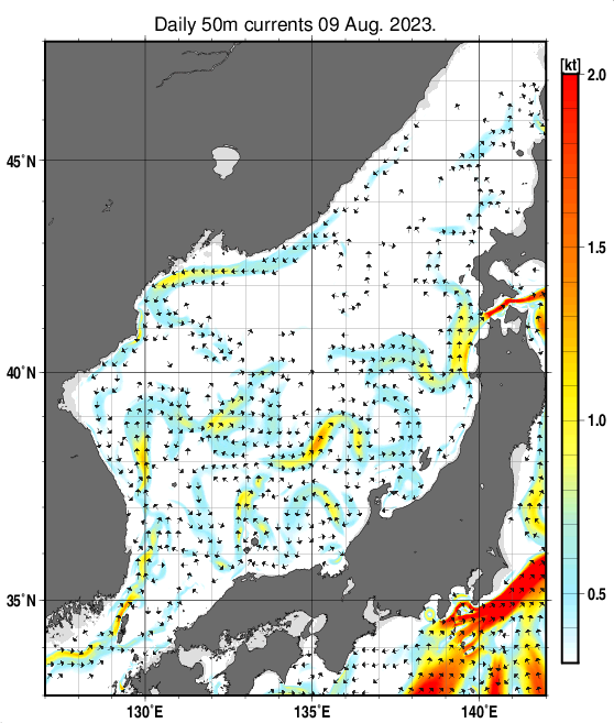 日本海の深さ50mの海流分布図（8月9日）