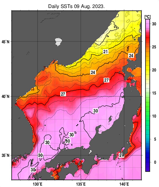 日本海の海面水温分布図（8月9日）