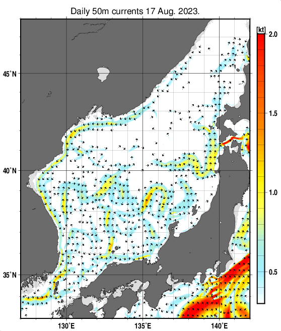 日本海の深さ50mの海流分布図（8月17日）