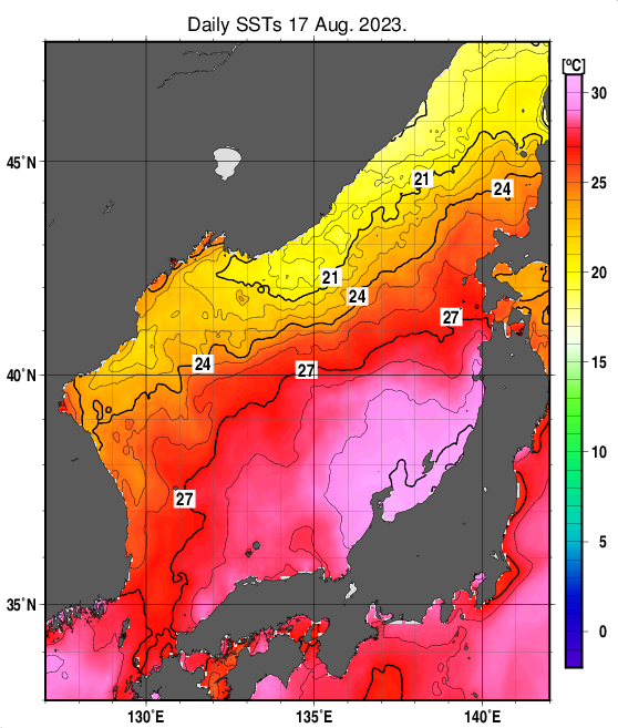 日本海の海面水温分布図（8月17日）