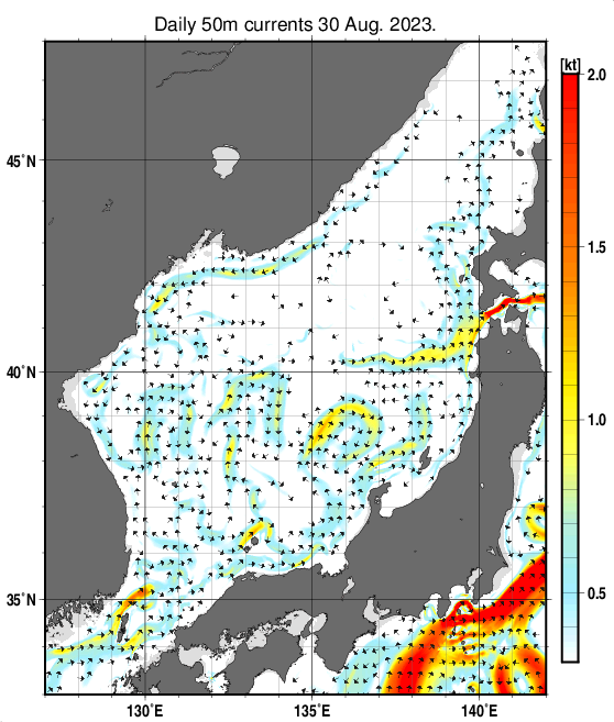 日本海の深さ50mの海流分布図（8月30日）