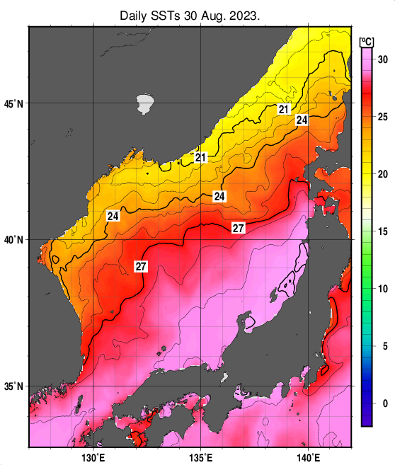 日本海の海面水温分布図（8月30日）