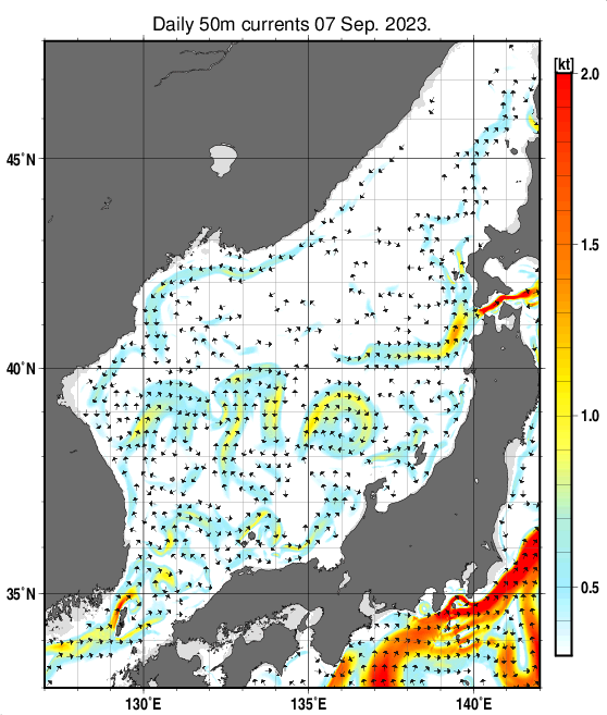 日本海の深さ50mの海流分布図（9月7日）