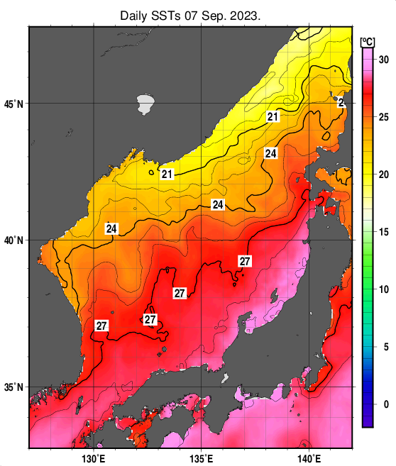 日本海の海面水温分布図（9月7日）