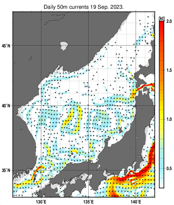 日本海の深さ50mの海流分布図（9月19日）