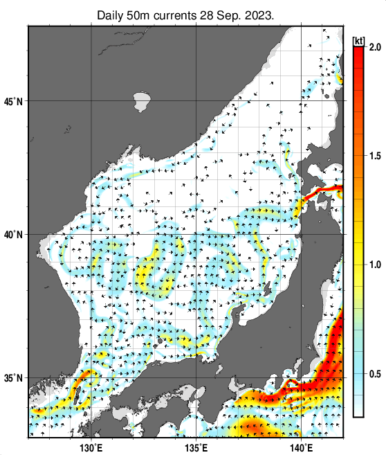 日本海の深さ50mの海流分布図（9月28日）