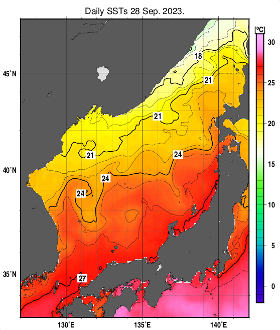 日本海の海面水温分布図（9月28日）