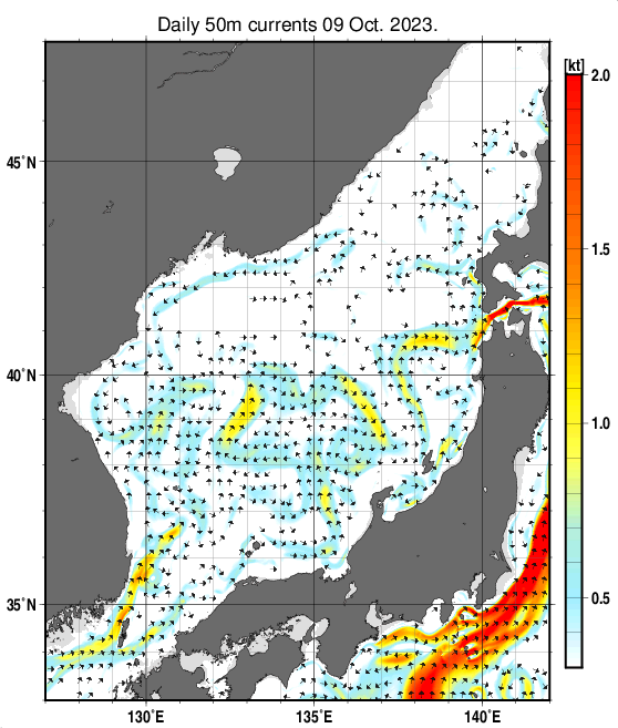 日本海の深さ50mの海流分布図（10月9日）