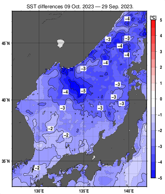 日本海の10日間の海面水温変化量分布図（10月9日）