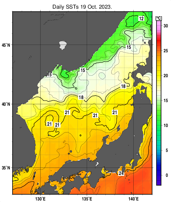 日本海の海面水温分布図（10月19日）